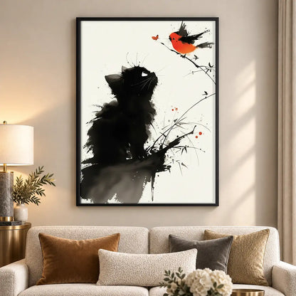Ink Black Kitten and Red Bird Wall Art 5