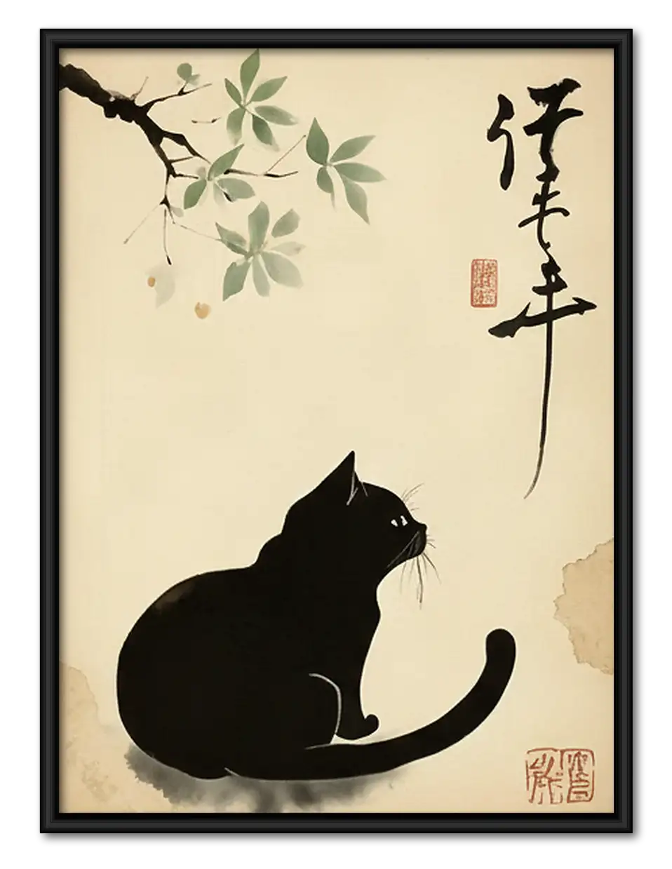 Japanese Black Cat beneath Branch Wall Art 1