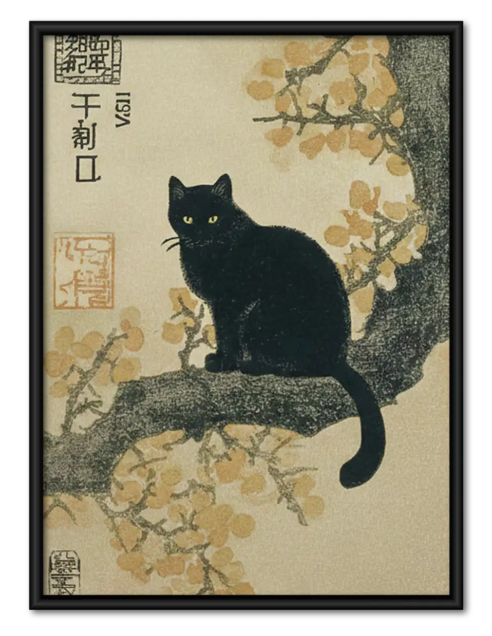 Japanese Black Cat Botanical Wall Art 1