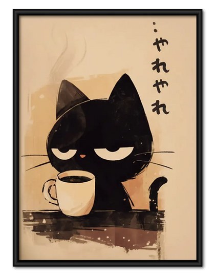 Japanese Black Cat Drinking Coffee Wall Art
