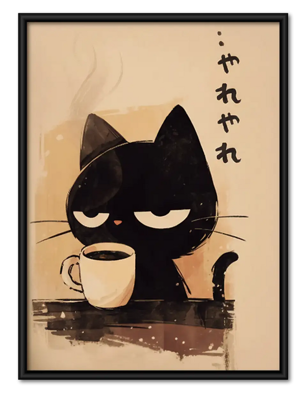 Japanese Black Cat Drinking Coffee Wall Art