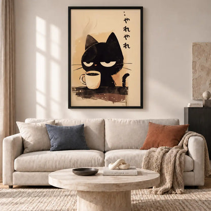 Japanese Black Cat Drinking Coffee Wall Art 2