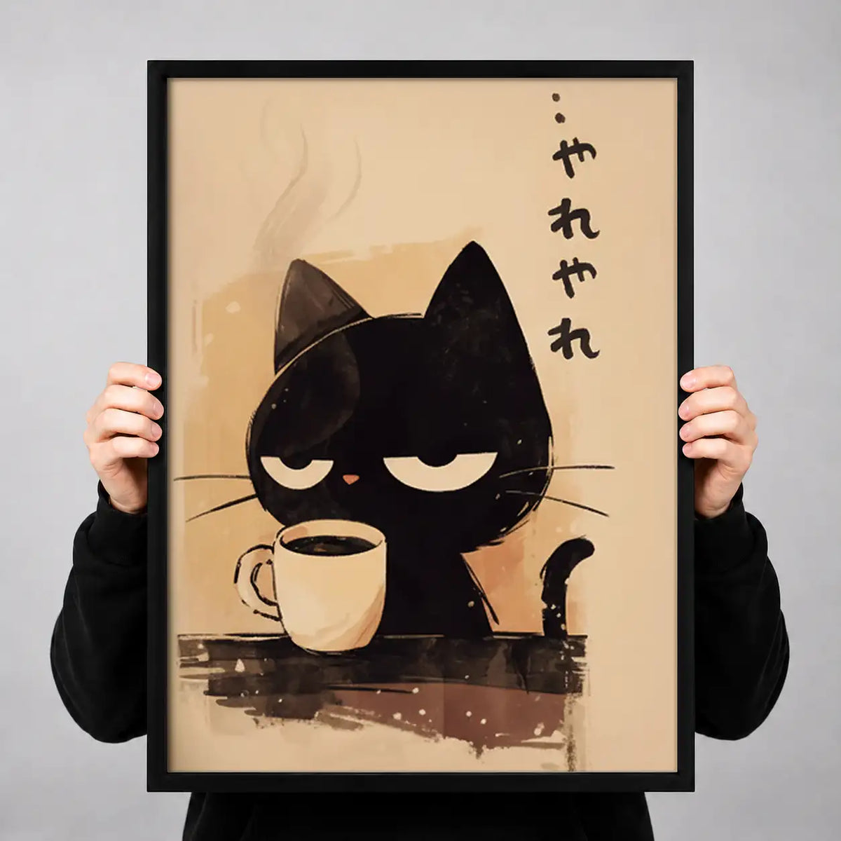 Japanese Black Cat Drinking Coffee Wall Art 3