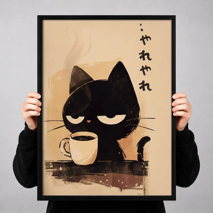 Japanese Black Cat Drinking Coffee Wall Art 3