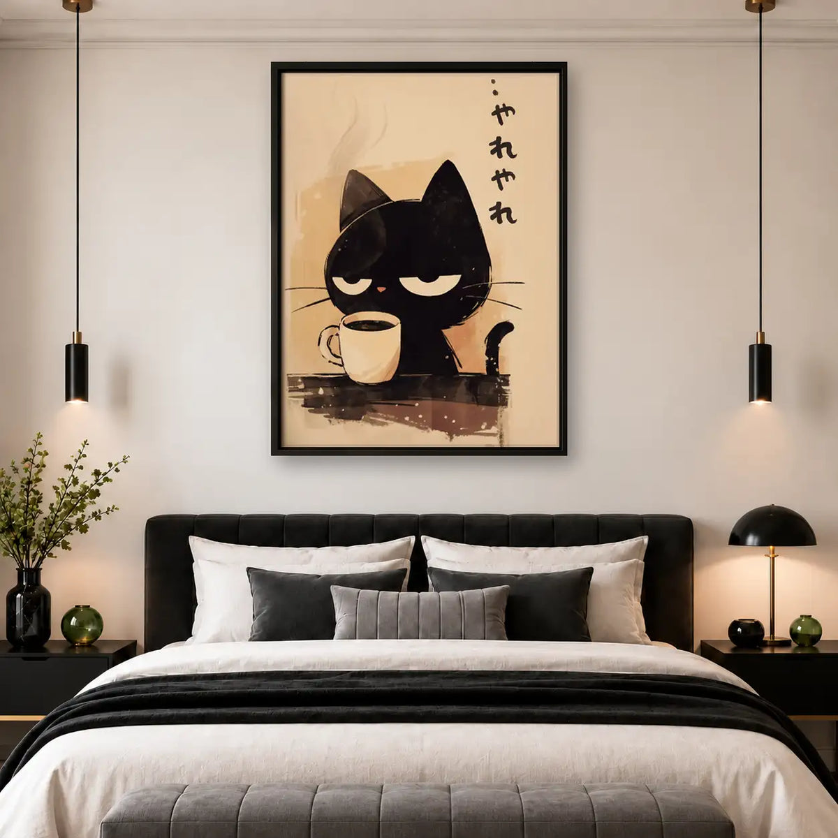 Japanese Black Cat Drinking Coffee Wall Art 4