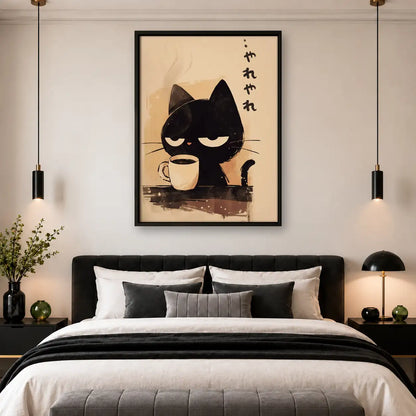 Japanese Black Cat Drinking Coffee Wall Art 4