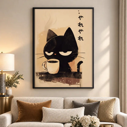Japanese Black Cat Drinking Coffee Wall Art 5