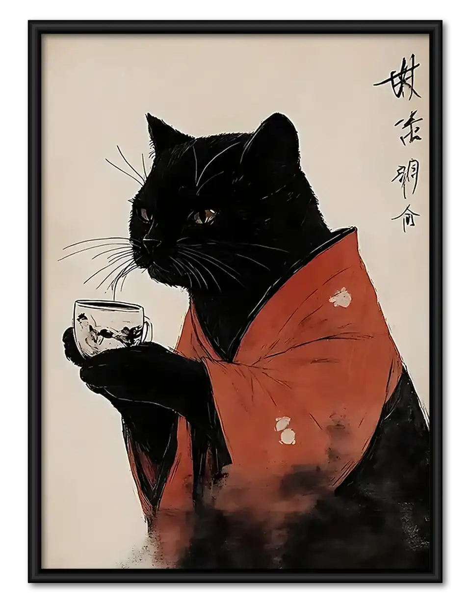 Japanese Black Cat Tea Portrait Wall Art 1
