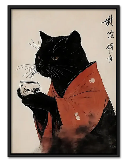 Japanese Black Cat Tea Portrait Wall Art