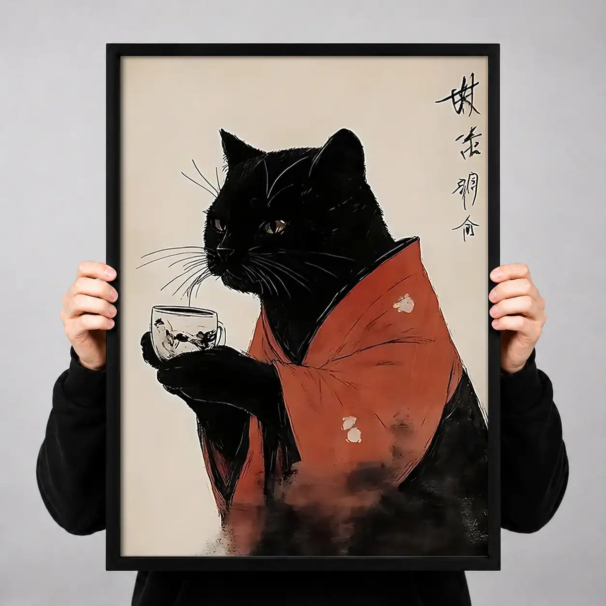 Japanese Black Cat Tea Portrait Wall Art 3