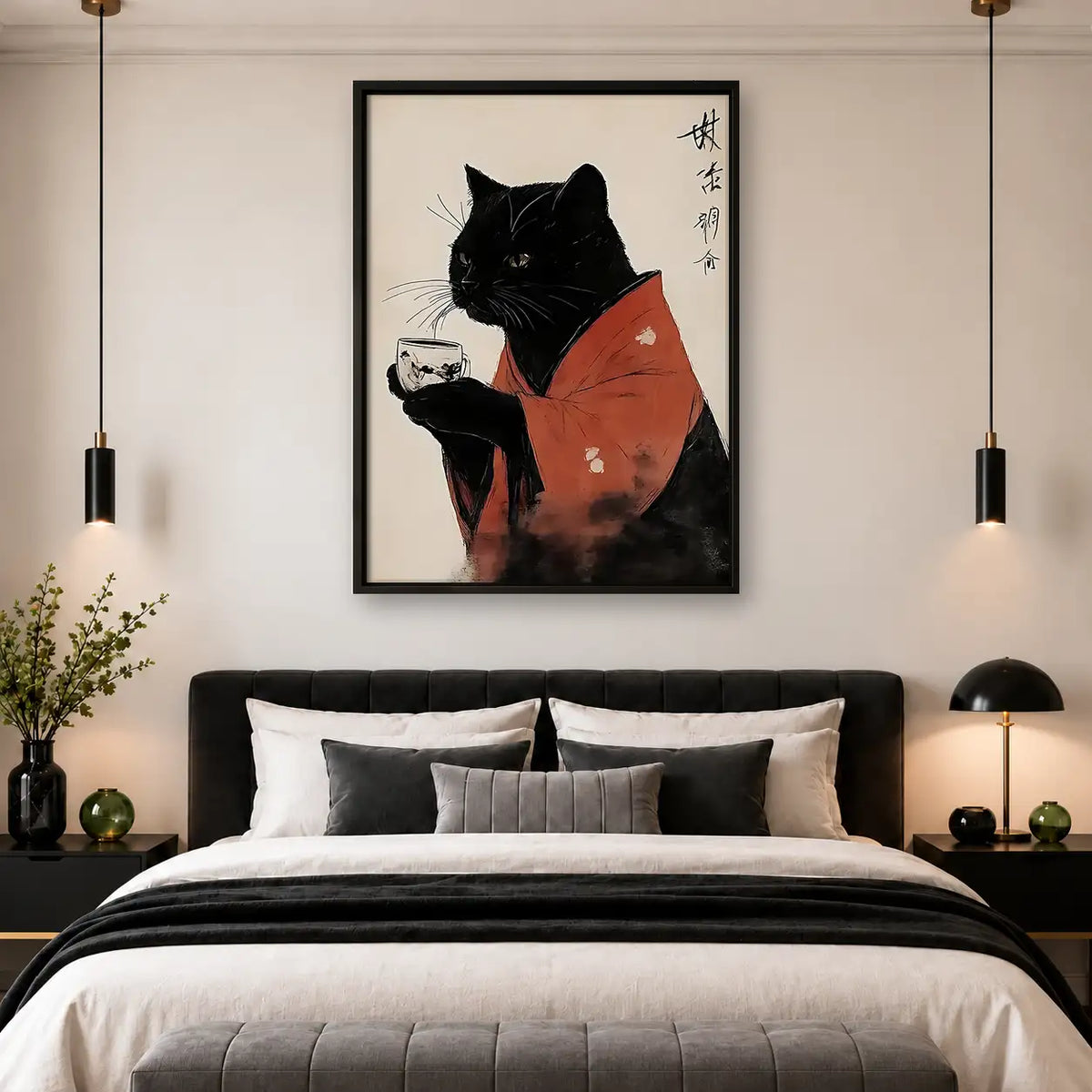 Japanese Black Cat Tea Portrait Wall Art 4