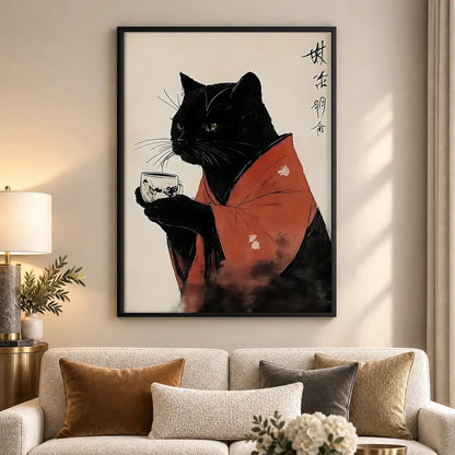 Japanese Black Cat Tea Portrait Wall Art 5