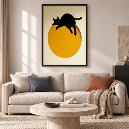 Leaping Black Cat over Golden Sun Wall Art 2