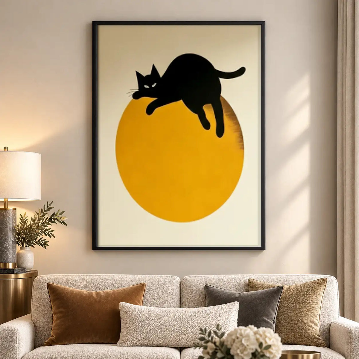 Leaping Black Cat over Golden Sun Wall Art 5