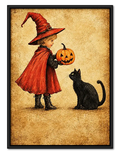 Little Witch with Pumpkin and Cat Wall Art 1