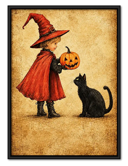 Little Witch with Pumpkin and Cat Wall Art