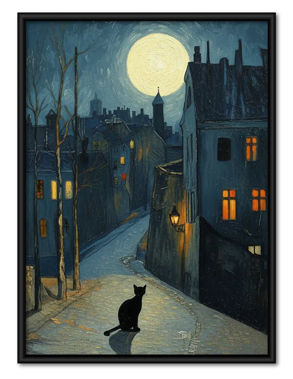 Lone Black Cat on Moonlit Street Wall Art 1