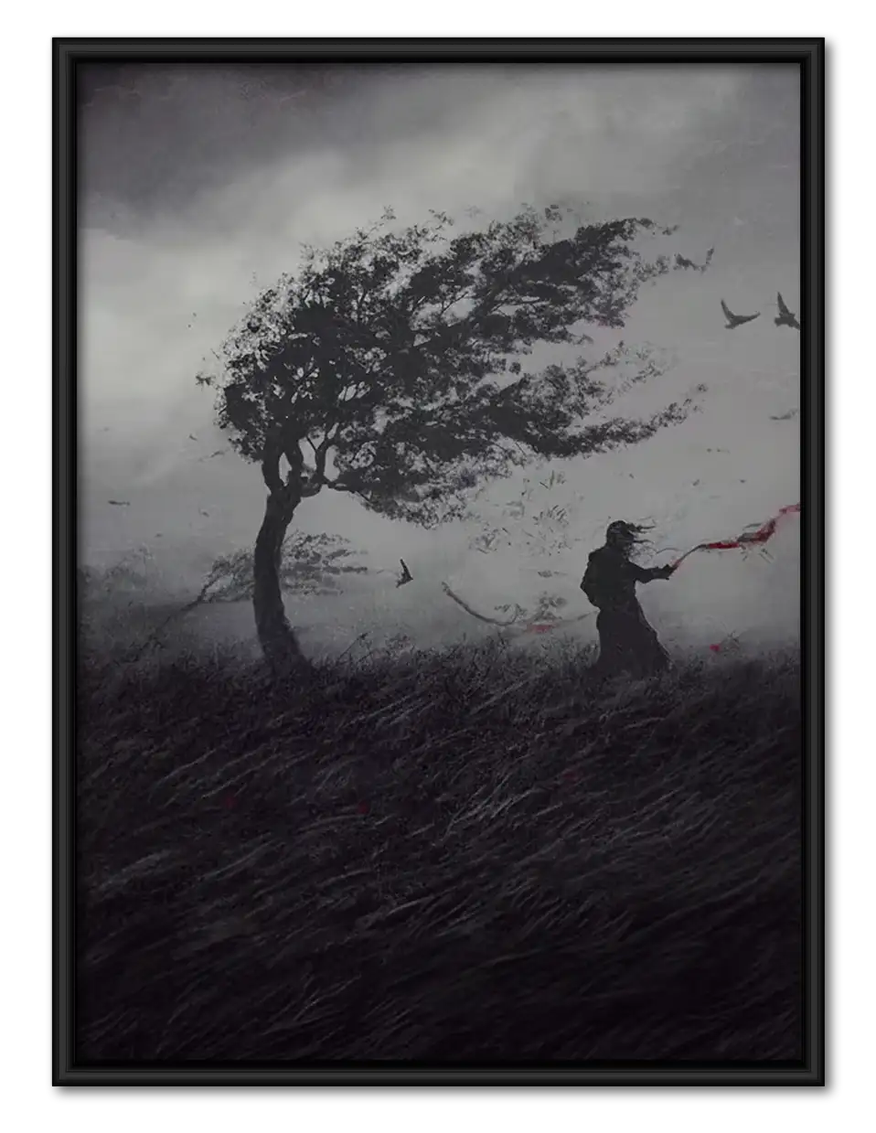 Lone Windswept Tree in Dark Landscape Wall Art 1