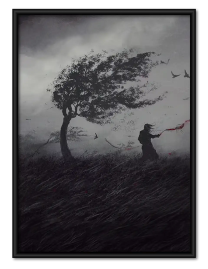 Lone Windswept Tree in Dark Landscape Wall Art 1