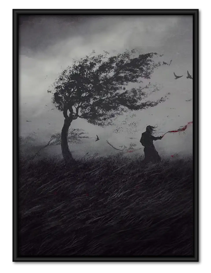 Lone Windswept Tree in Dark Landscape Wall Art