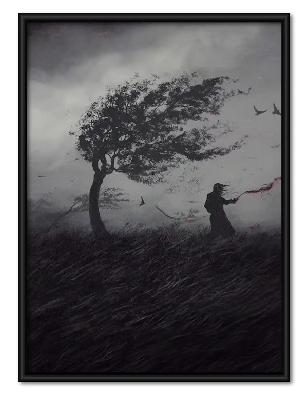 Lone Windswept Tree in Dark Landscape Wall Art