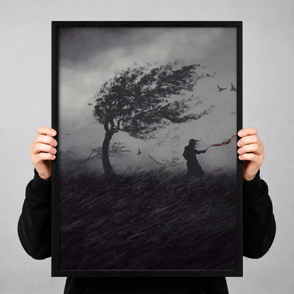 Lone Windswept Tree in Dark Landscape Wall Art 3