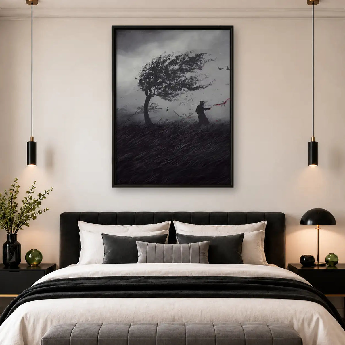 Lone Windswept Tree in Dark Landscape Wall Art 4