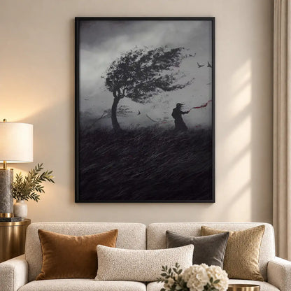 Lone Windswept Tree in Dark Landscape Wall Art 5