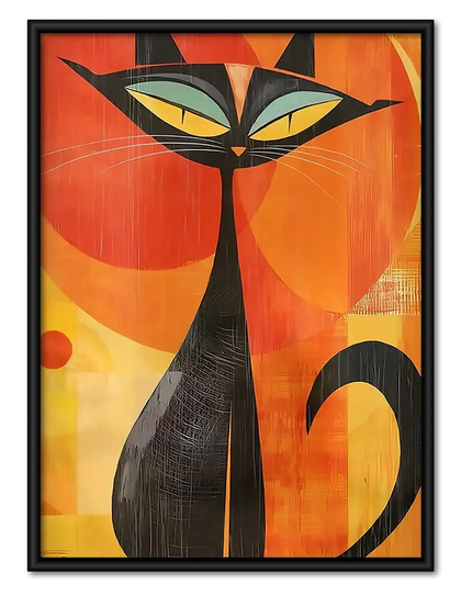 Mid-Century Black Cat on Orange Wall Art