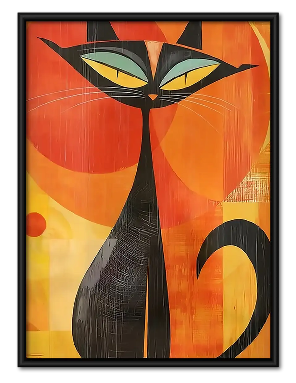 Mid-Century Black Cat on Orange Wall Art