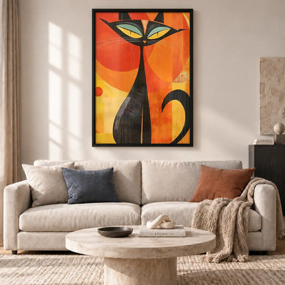Mid-Century Black Cat on Orange Wall Art 2