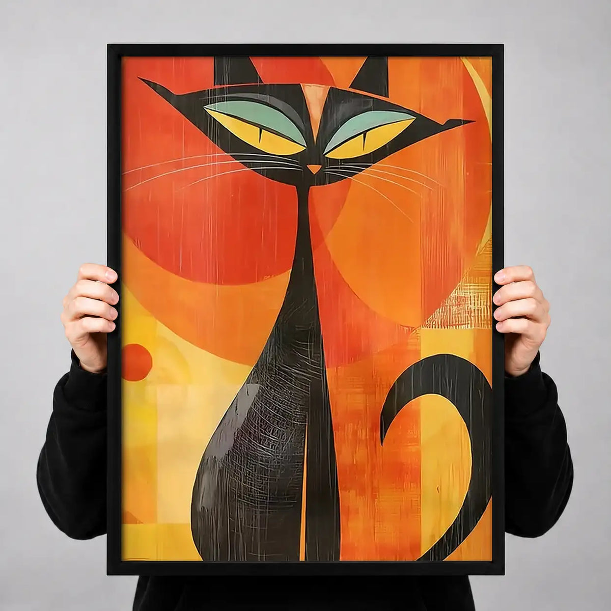 Mid-Century Black Cat on Orange Wall Art 3