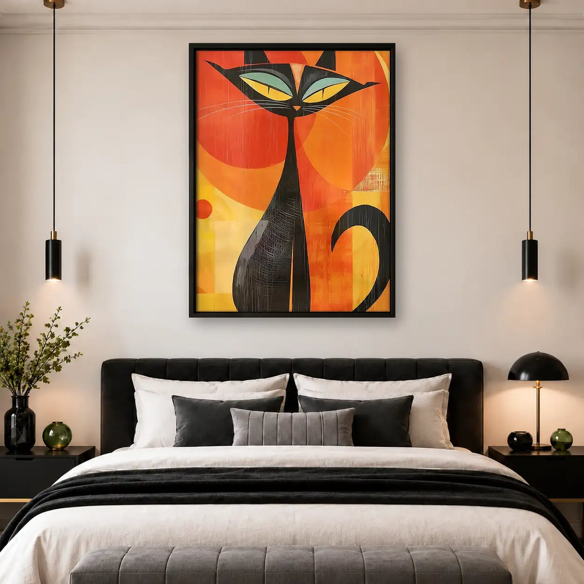 Mid-Century Black Cat on Orange Wall Art 4