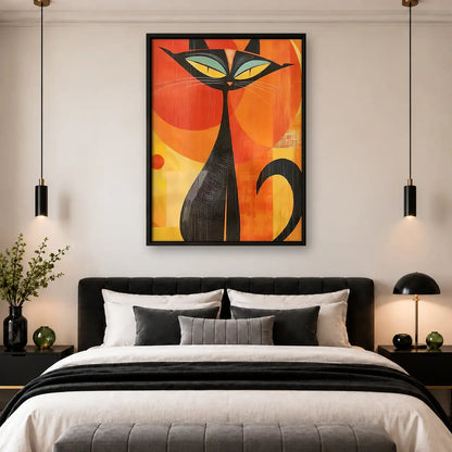 Mid-Century Black Cat on Orange Wall Art 4