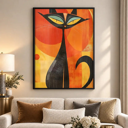 Mid-Century Black Cat on Orange Wall Art 5