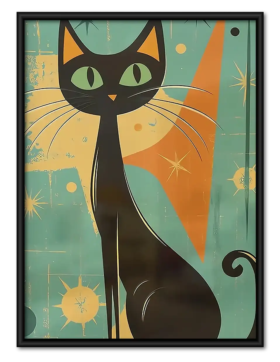Mid-Century Black Cat on Teal Wall Art 1