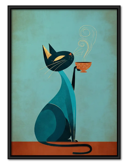 Mid Century Blue Cat with Fish Wall Art 1