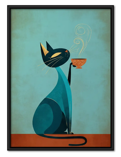 Mid Century Blue Cat with Fish Wall Art