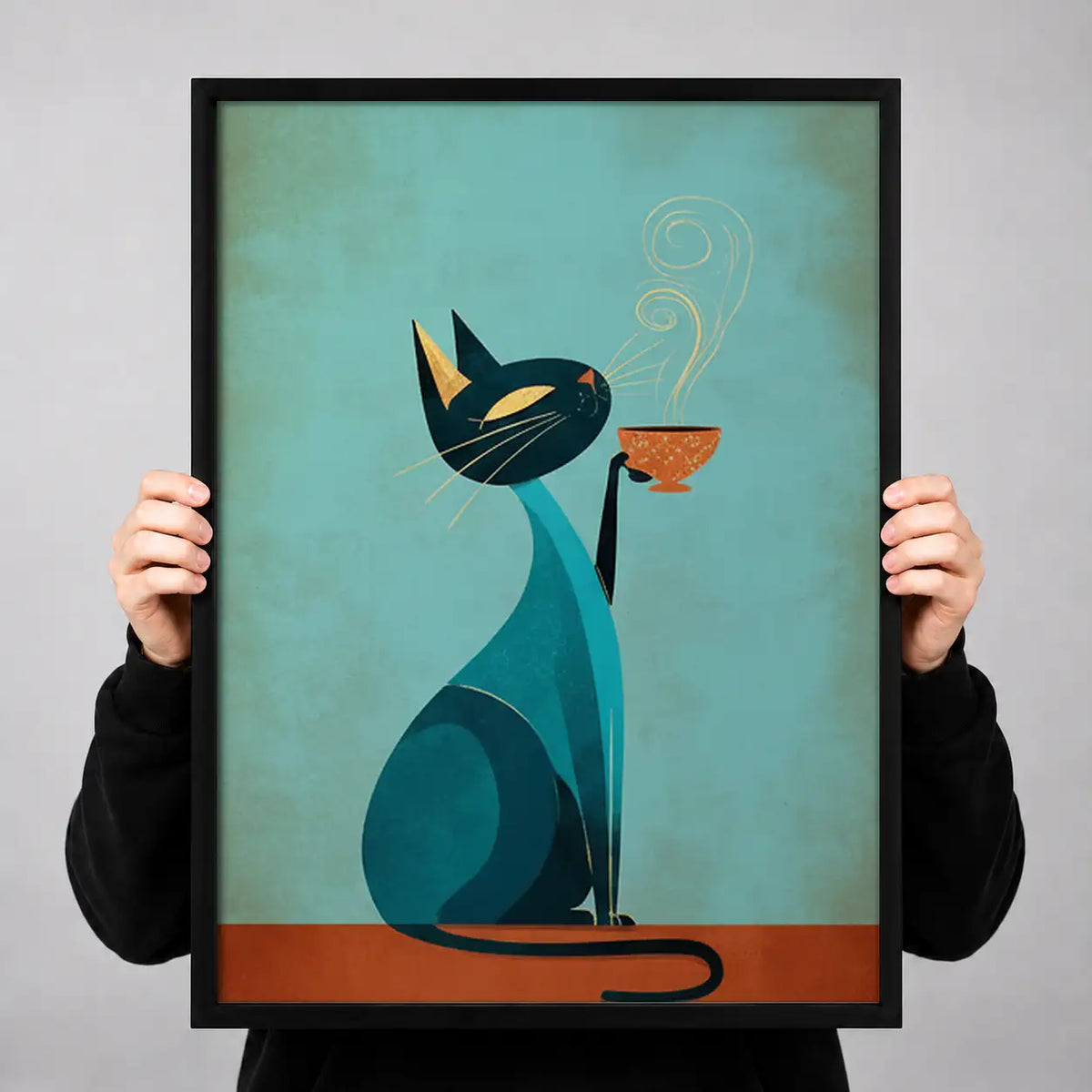 Mid Century Blue Cat with Fish Wall Art 3