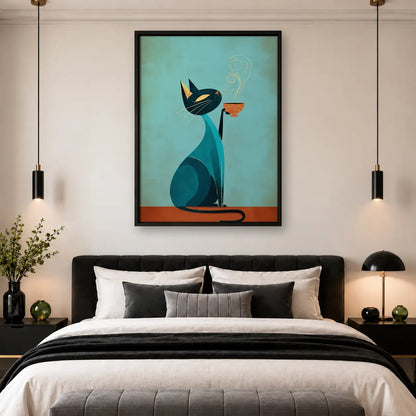 Mid Century Blue Cat with Fish Wall Art 4