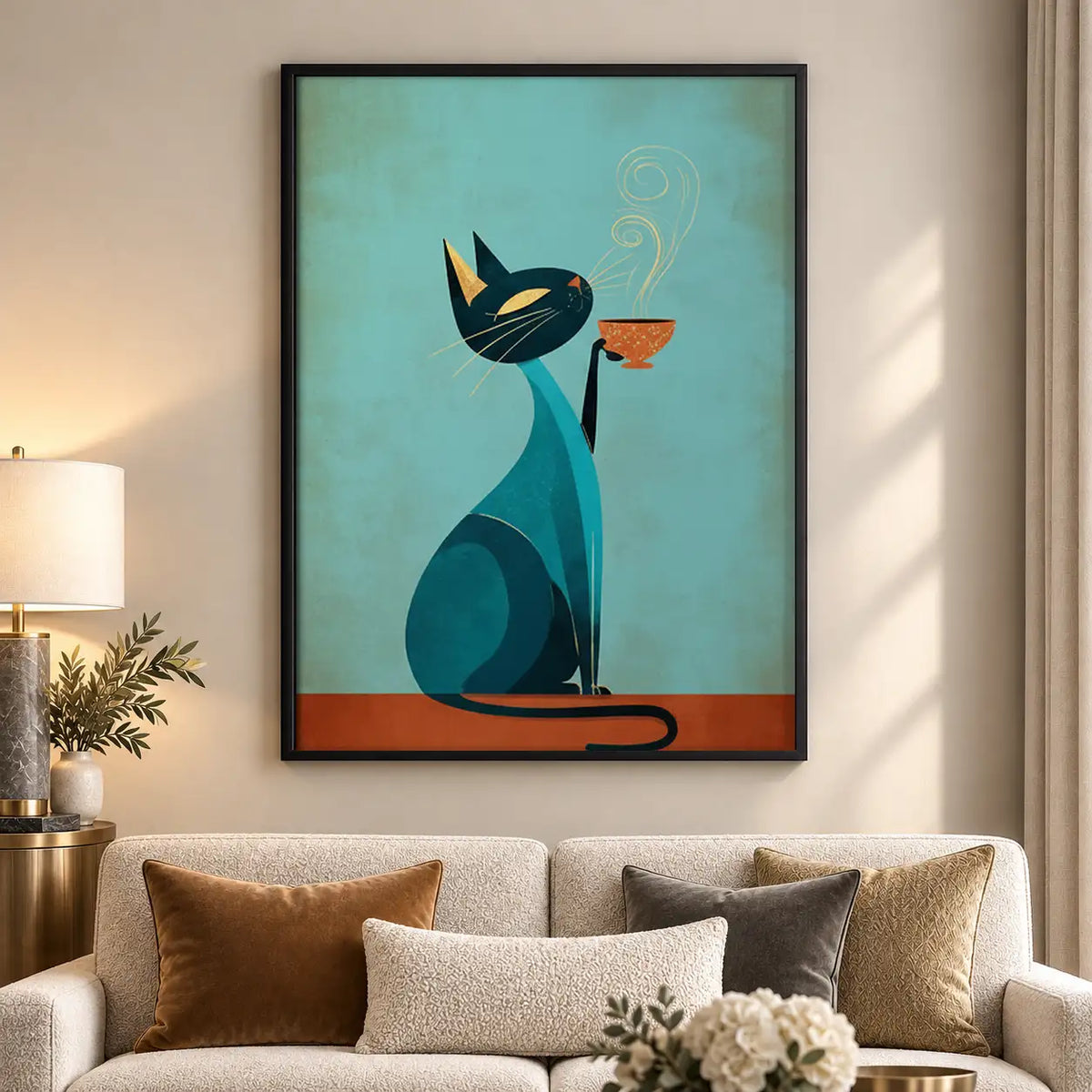 Mid Century Blue Cat with Fish Wall Art 5