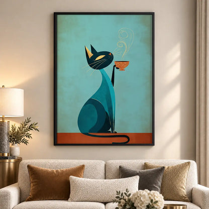 Mid Century Blue Cat with Fish Wall Art 5