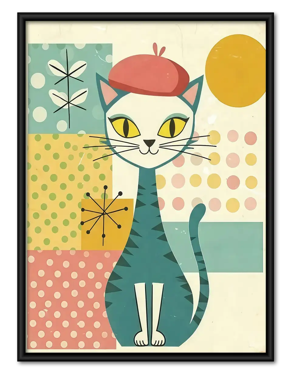 Mid Century Cat in Red Beret Wall Art 1