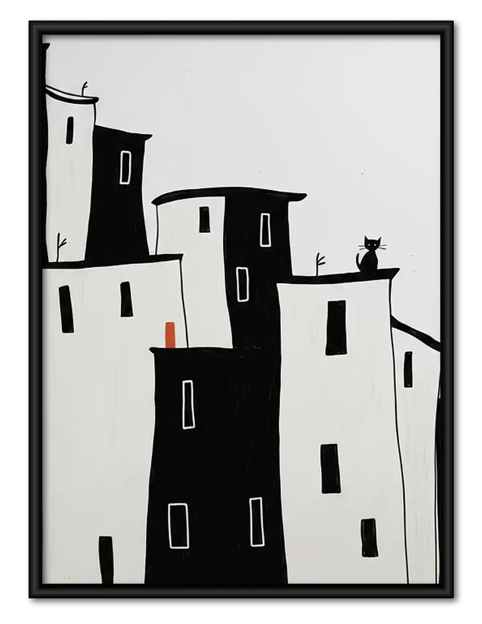 Minimal Black and White Hill Town Wall Art 1
