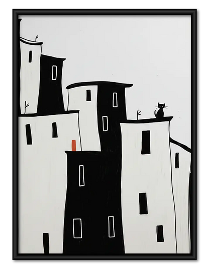 Minimal Black and White Hill Town Wall Art 1
