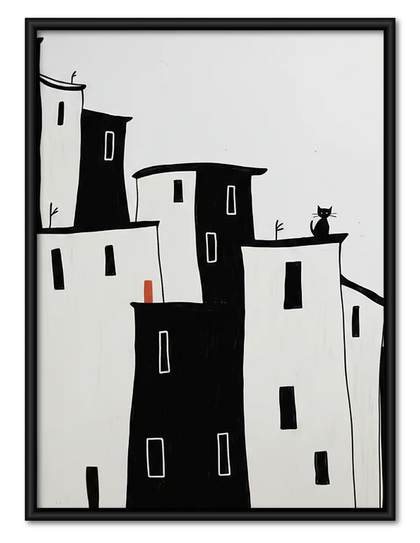 Minimal Black and White Hill Town Wall Art