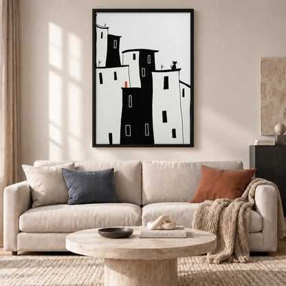 Minimal Black and White Hill Town Wall Art 2