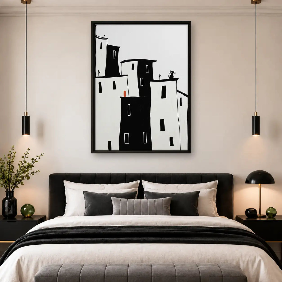Minimal Black and White Hill Town Wall Art 4