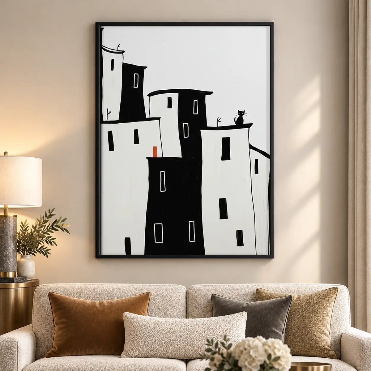 Minimal Black and White Hill Town Wall Art 5