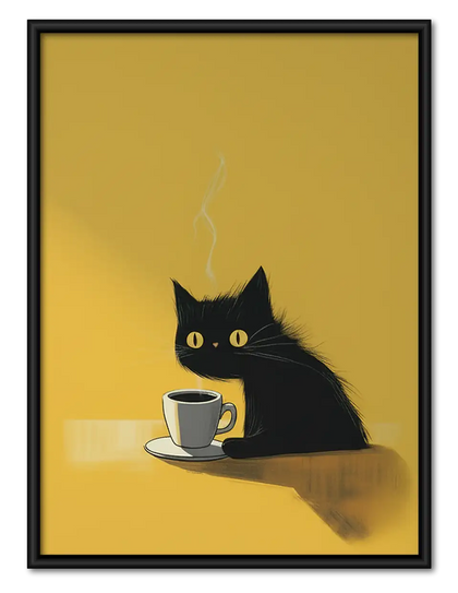 Minimal Black Cat Sipping Coffee Wall Art